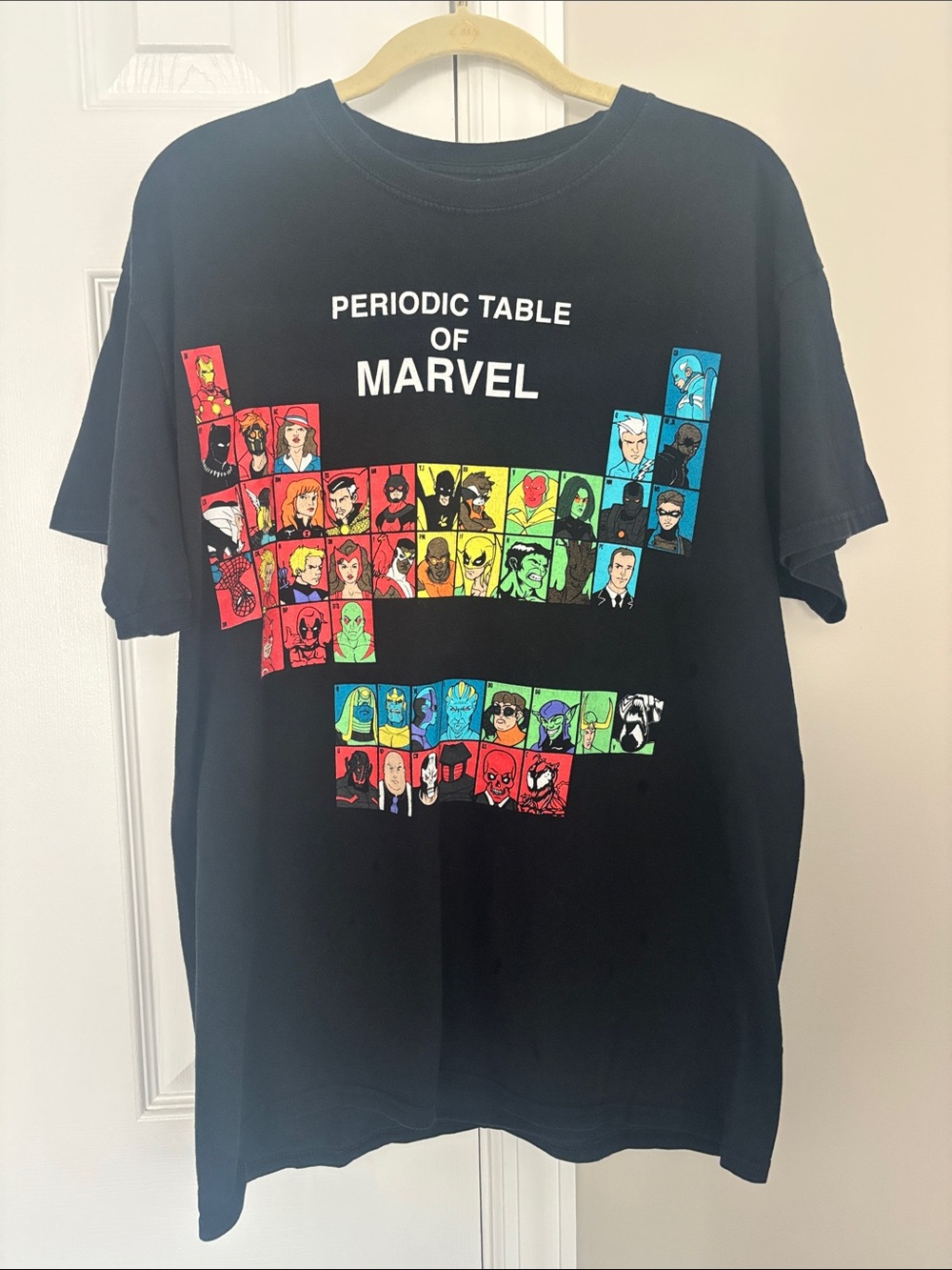 Marvel Black Tee with Multicolor Periodic Table Graphic